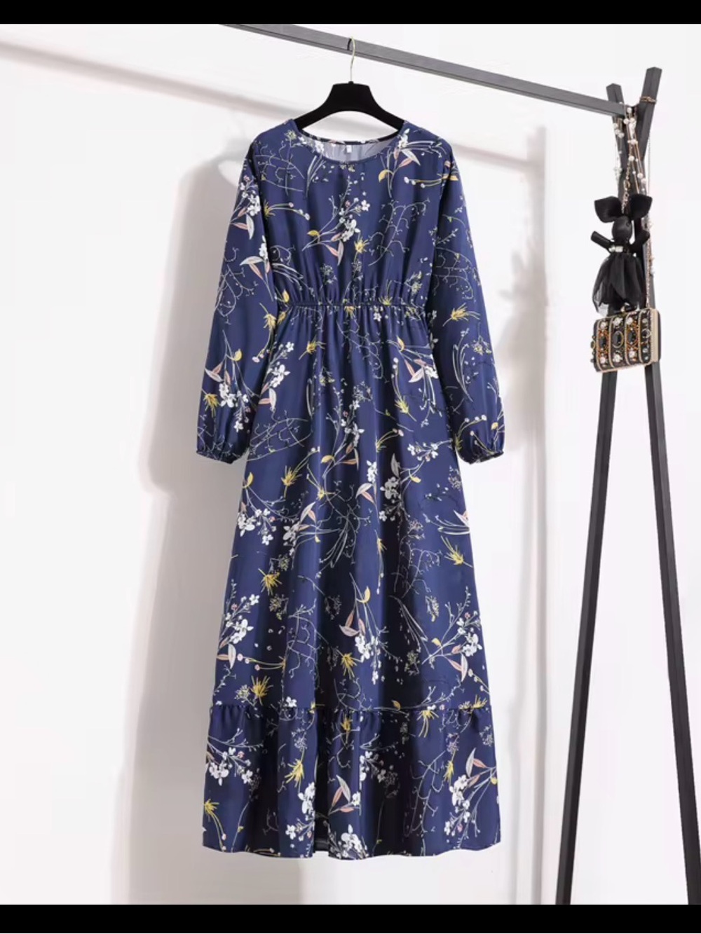 Floral Navy Long Sleeve Midi Dress - Elegant Women's Dress